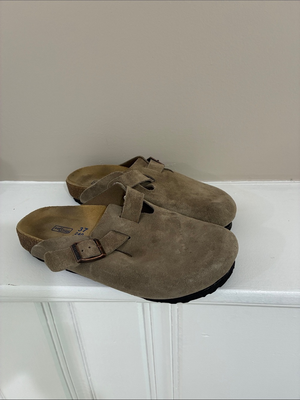 Birkenstock Suede Soft Footbed Clog Slip-On in Taupe Brown
